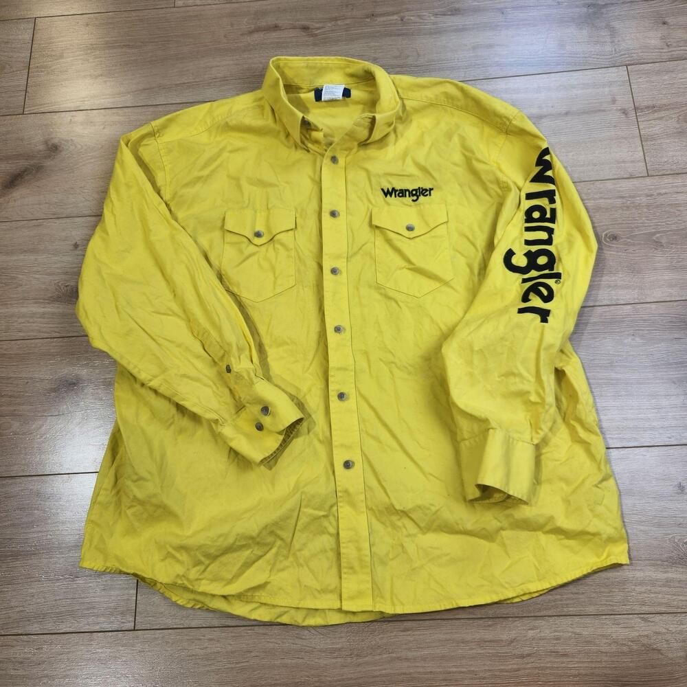 Wrangler Western Shirt Mens 2XL Yellow Logo Button Long Sleeve Cowboy Rodeo